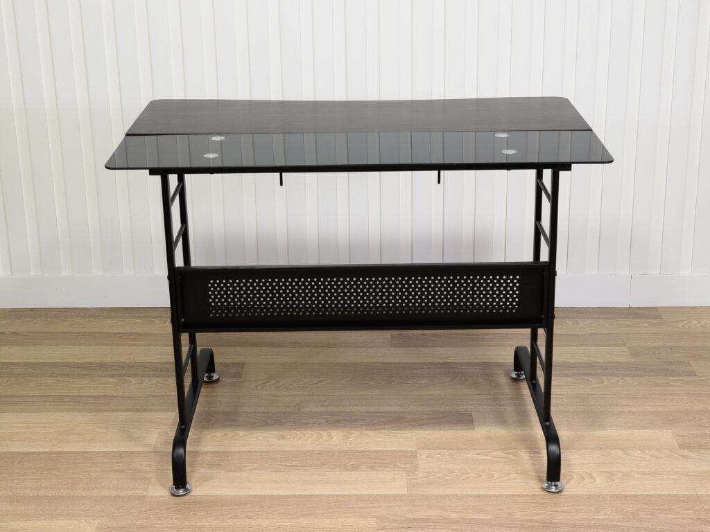 Bureau d’ordinateur compact en verre noir et métal