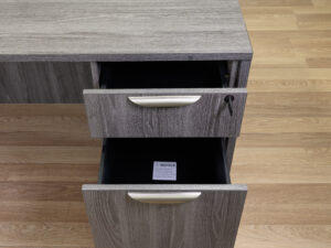 Bureau de travail gris avec caisson 2 tiroirs et clé